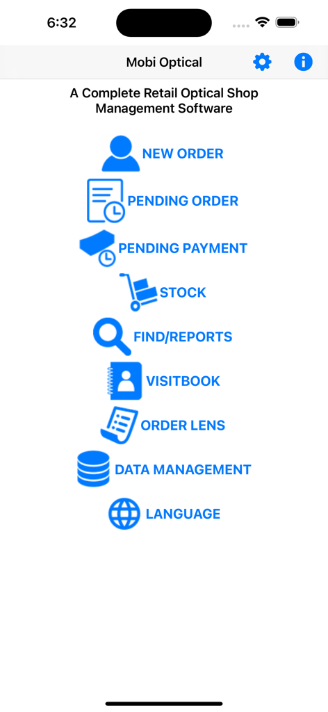 Mobi Optical app home screen showing the main menu for retail optical shop management including options for orders stock and visitbook