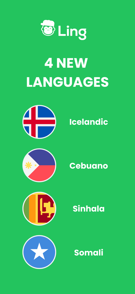 Ling app screen announcing four new languages Icelandic Cebuano Sinhala and Somali with their national flags