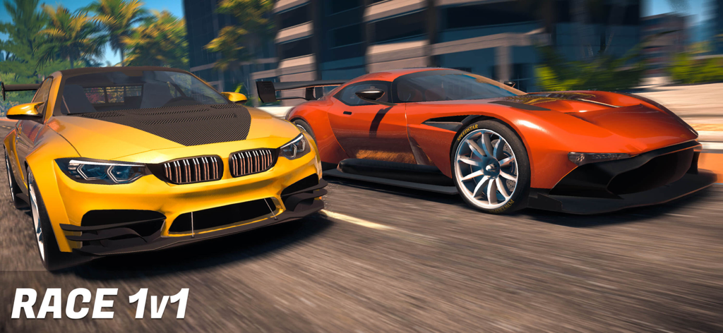 Yellow and orange sports cars competing in a 1v1 race mode