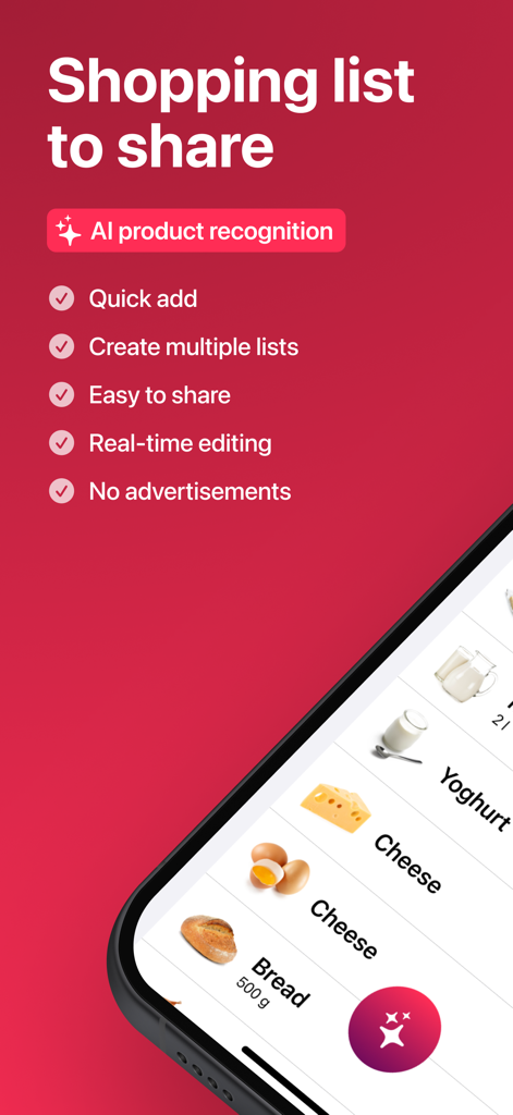 WeNeedアプリのモバイルスクリーンショット。AI製品認識、リアルタイム共有リスト、広告なしなどの機能が強調されています。