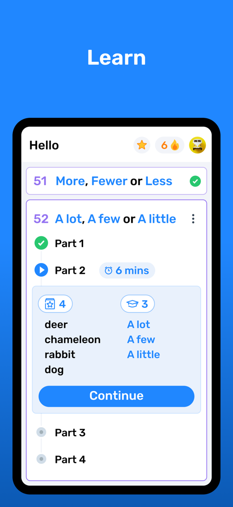 Wlingua app interface showing a structured English grammar lesson on quantifiers with a progress tracker and vocabulary exercises.