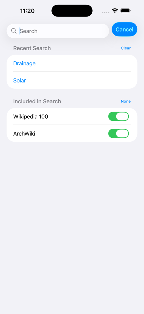 Kiwix - Kiwix 검색 화면에 최근 검색어와 오프라인 위키백과 및 ArchWiki 콘텐츠에 대한 토글이 표시됩니다.