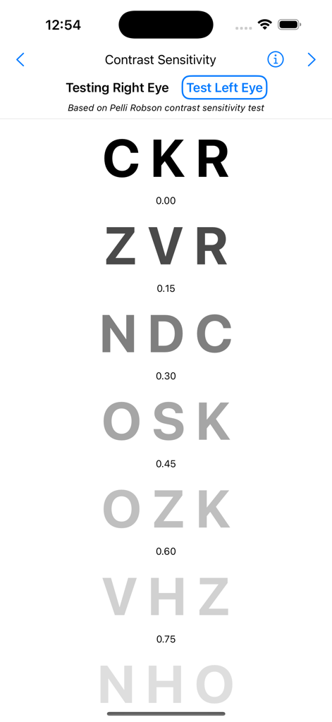 EyeMate - EyeMate contrast sensitivity testing screen showing Pelli Robson chart