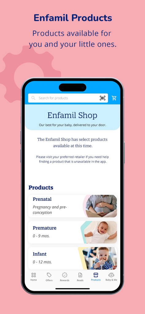 Enfamil: Baby Rewards Tracker® - Schermata dello store dell'app Enfamil che mostra categorie di prodotti per la cura prenatale, prematura e infantile con una barra di ricerca e un menu di navigazione.