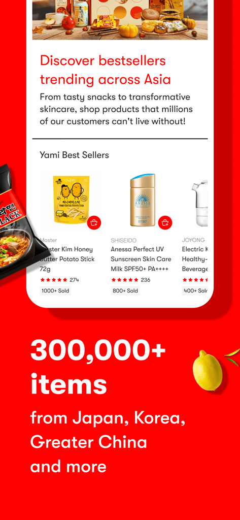 Screenshot of Yami app showing best selling Asian snacks and skincare products from Japan Korea and China