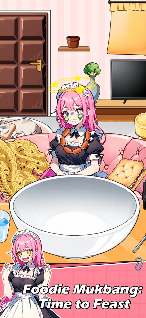 Eine schwindelige Figur in einem Dienstmädchen-Outfit, die sich auf eine Essens-Mukbang-Herausforderung in Brain Puzzle 2 Logic Twist vorbereitet