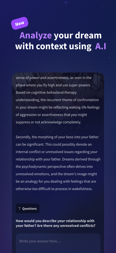 Oniri - Your Dream Journal - Oniri app interface showing AI dream analysis with psychological interpretation and reflective questions
