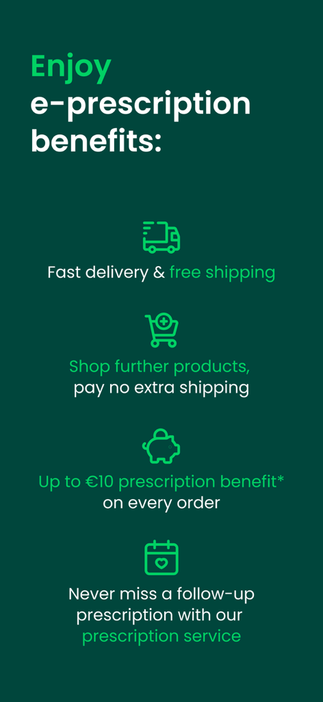 DocMorris app screen highlighting e-prescription benefits like fast delivery free shipping and prescription discounts