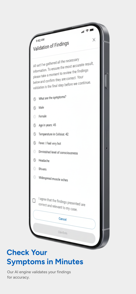 AskFirst (formerly Ask NHS) - AskFirst app interface displaying a summary and validation of medical findings and symptoms.