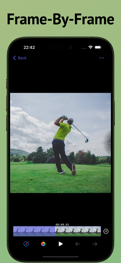 FrameSnap-Video Frame Grabber - FrameSnap app interface showing frame by frame analysis of a golfer's swing