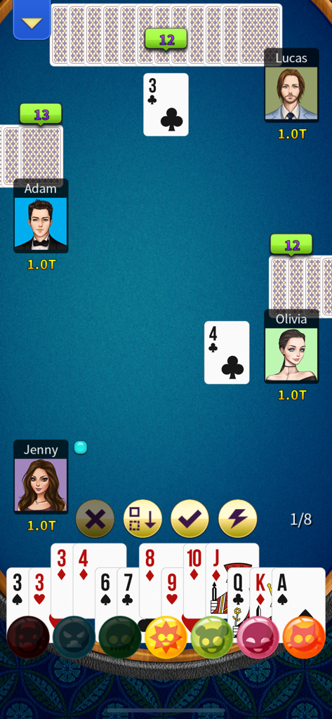 Big 2 Offline - KK Pusoy Dos - Gameplay screen of Big 2 Offline card game featuring a four player match with avatars and hand of cards