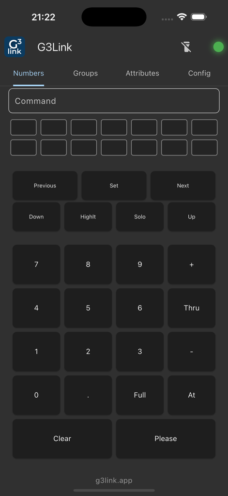 grandMA3 Remote (G3Link) - G3Link 모바일 앱 인터페이스의 숫자 키패드 및 명령 버튼.