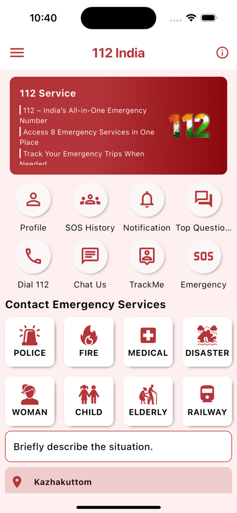 112 India - Interface of the 112 India app with emergency contact buttons for police fire medical and social services
