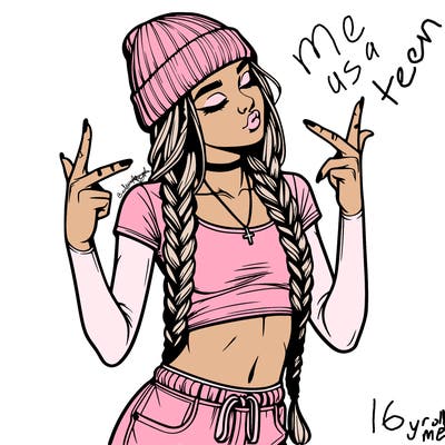 realistic teenage girl with braids and a beanie and crop top doing 🫶🏼