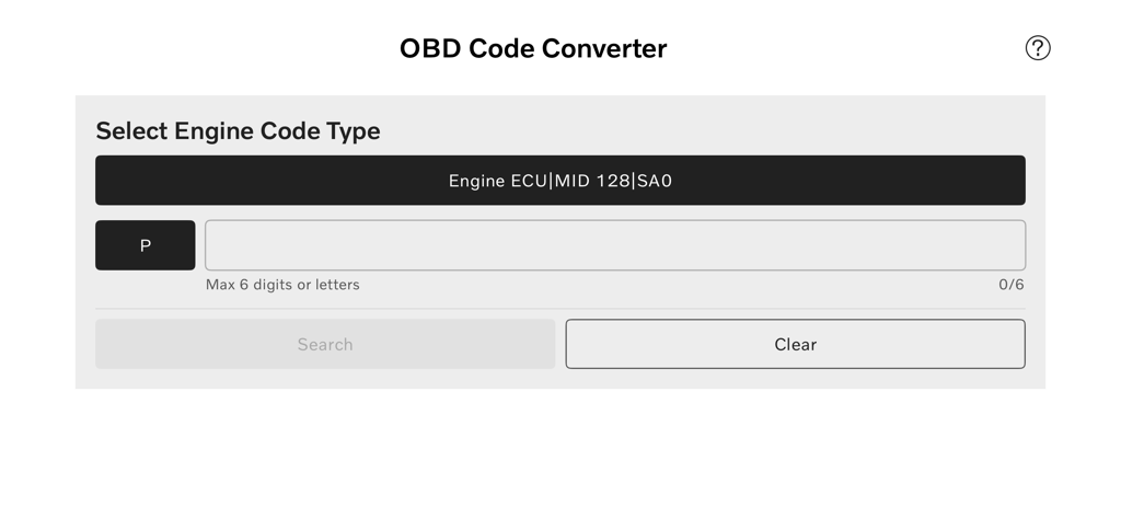 Search interface of the Prevost OBD Code Converter app for engine diagnostic error codes