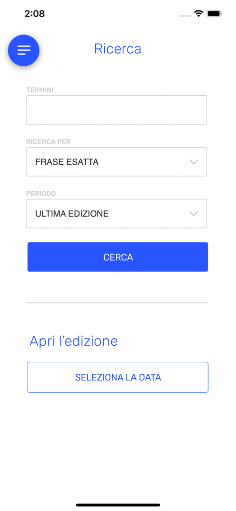 Giornale di Merate Digitale - Interfaccia di ricerca per l'app Giornale di Merate Digitale che mostra opzioni per cercare per parole chiave o data
