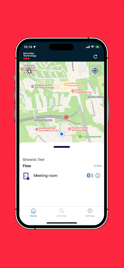 Securitas FLOW app map interface showing a digital key for a meeting room access control