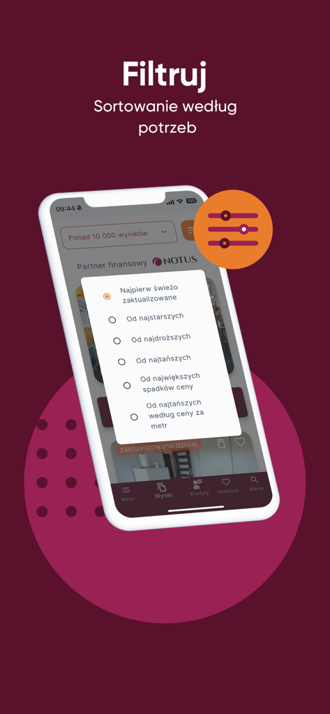 Écran mobile de l'application NoTu affichant des options de tri et de filtrage avancées des propriétés telles que le prix et la fréquence de mise à jour.