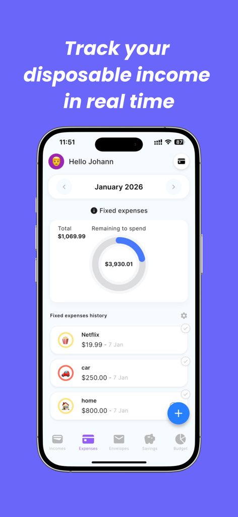 Screenshot of Finzee app interface showing real time disposable income and monthly fixed expenses history