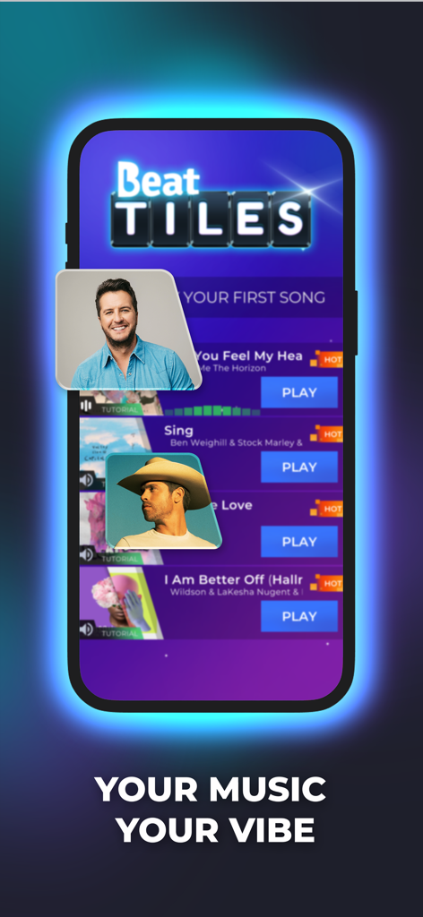 Beat Tiles: Music Game - Beat Tiles Music Gameのモバイルインターフェース。再生ボタンとアーティスト写真付きの曲リストが表示されている。