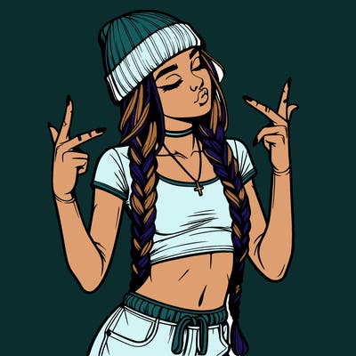 realistic teenage girl with braids and a beanie and crop top doing 🫶🏼