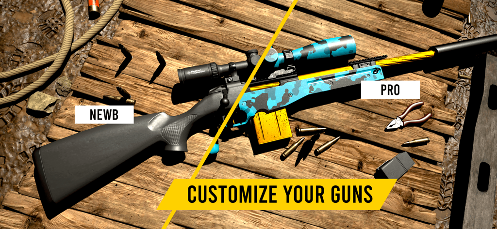GUNSIM - 3D Gun Shooter FPS - A comparison between a basic black sniper rifle and a customized blue camouflage and gold sniper rifle on a wooden workbench