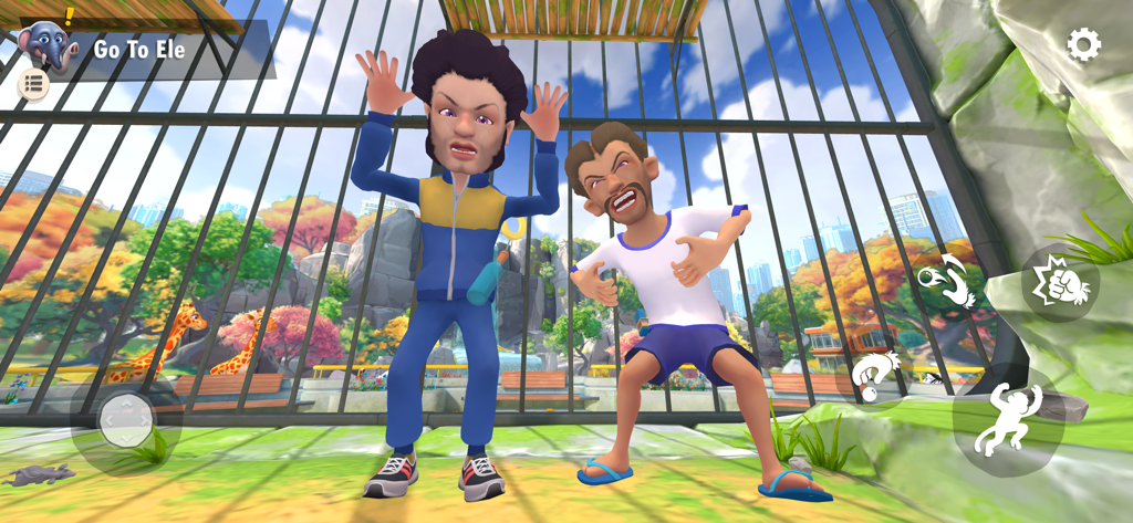 I Am Monkey - original game - A first-person perspective of a monkey inside a cage looking at two mocking visitors outside the bars.