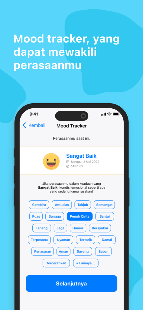 Mobile app interface of the Teman Curhat mood tracker showing various emotion selection buttons like Happy and Full of Love