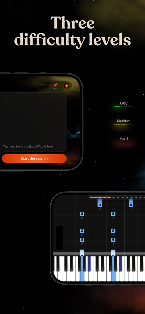 Artie: Learn Piano with AI - Artie app interface showing easy medium and hard difficulty levels with an interactive piano lesson.