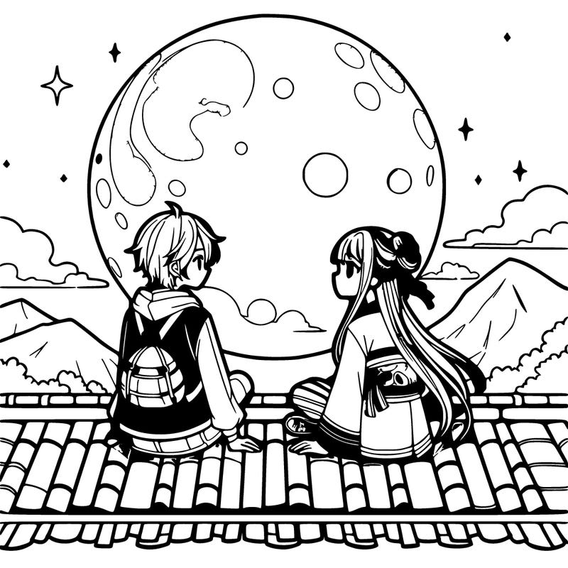 an anime girl sitting on a roof with her best friend looking at the beautiful big moon