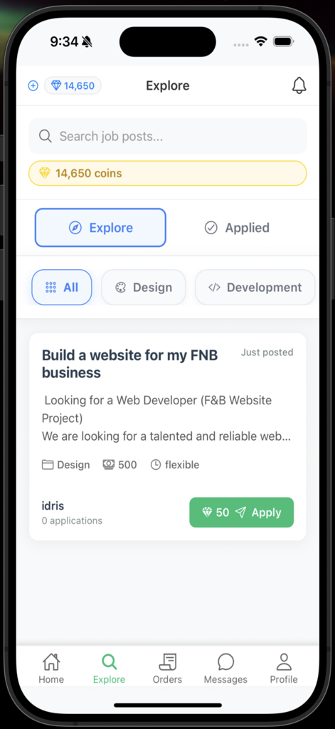 BebasWork - Pantalla de exploración de la aplicación móvil BebasWork mostrando listados de trabajos freelance y categorías