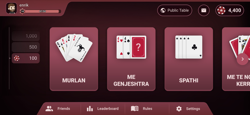 Main menu screen of the Lojera me Letra app showcasing game modes like Murlan and Me Genjeshtra.