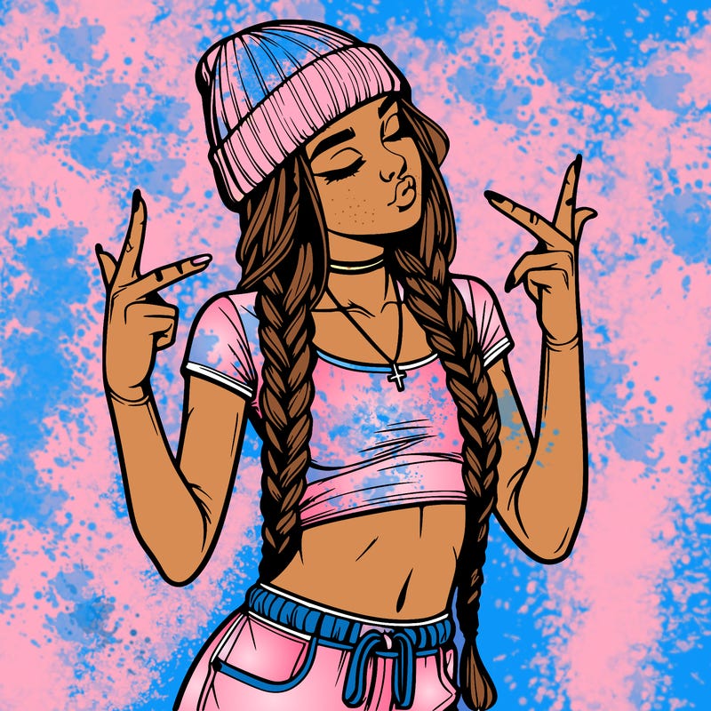 realistic teenage girl with braids and a beanie and crop top doing 🫶🏼