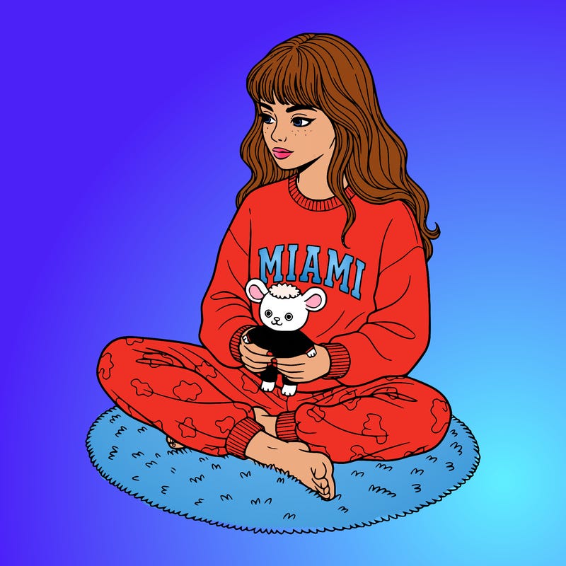 a gorgeous girl with long hair and bangs wearing cozy baggy pajama pants and a sweatshirt that says miami on it sitting on a fuzzy carpet holding a labubu wearing a miami sweatshirt