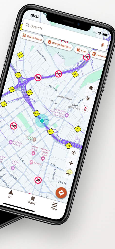 Hammer: Truck GPS & Maps - Smartphone screen displaying Hammer Truck GPS with truck specific map icons and height restrictions