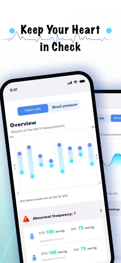 Blood Pressure: Health monitor - Dashboard of the Blood Pressure Health monitor app showing heart rate and blood pressure measurement history with an abnormal frequency alert.