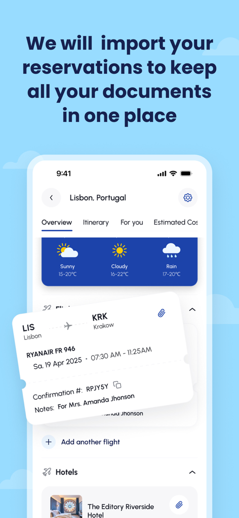 JRNEY - AI Trip Planner - JRNEY app interface showing automated reservation imports and travel document organization