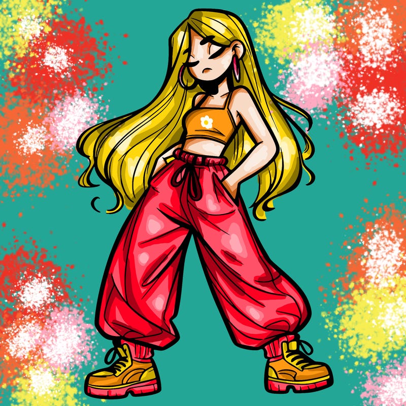 girl in baggy pants crop top and long hair