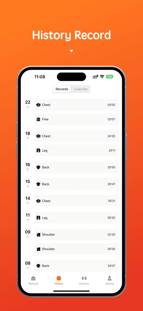 Gym Workout Tracker . - Pantalla de Registro de Historial que muestra una lista de sesiones de gimnasio pasadas y duraciones de entrenamiento