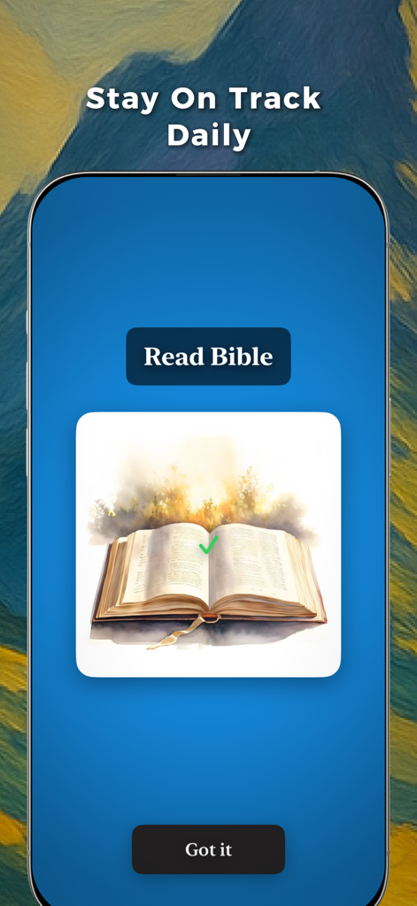 Genesis: Get Closer To God - Una schermata di un'app mobile per il monitoraggio delle abitudini di lettura biblica quotidiana con un'illustrazione di una Bibbia aperta.