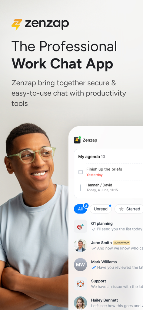 Zenzap: Professional Work Chat - Zenzap mobile app interface displaying professional work chat lists and a daily agenda with tasks