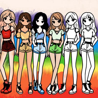 a group of girls wearing crop tops and shorts