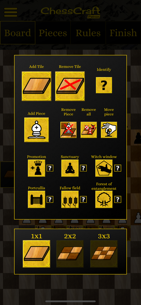 ChessCraft - ChessCraft mobile app screen showing various tools for customizing chess boards pieces and special rules