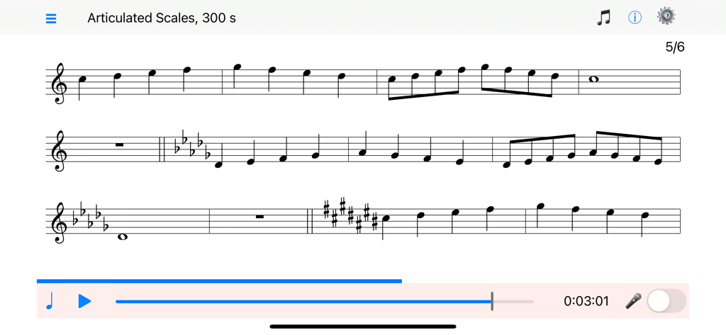 World's Greatest Warm-Upアプリ内の、再生コントロール付きのアーティキュレーション・スケールの楽譜