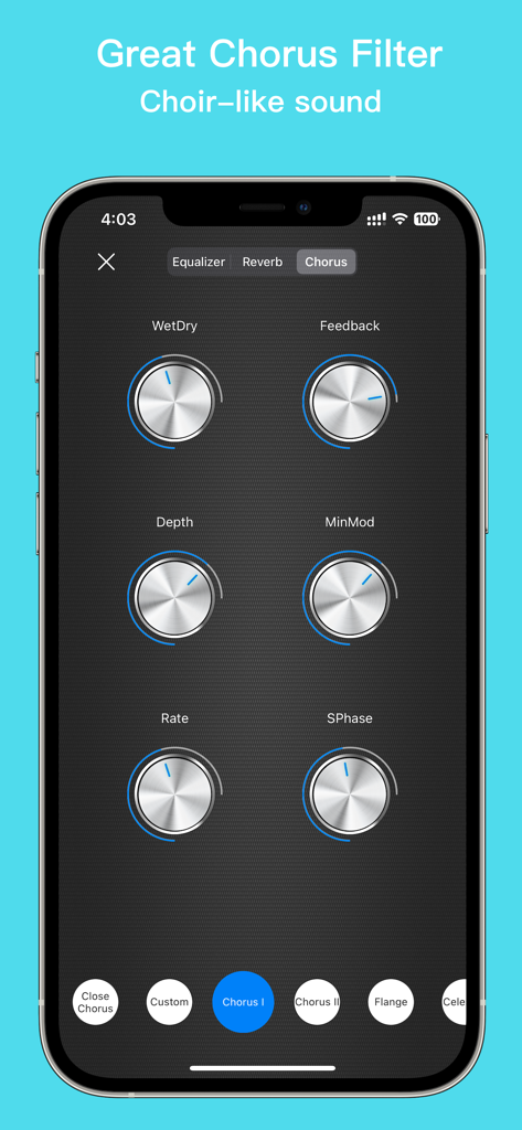 EZAudioCut - Audio Editor Lite - Chorus filter interface in the EZAudioCut app showing adjustable knobs for depth rate and feedback for choir-like audio effects
