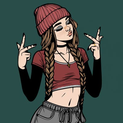 realistic teenage girl with braids and a beanie and crop top doing 🫶🏼