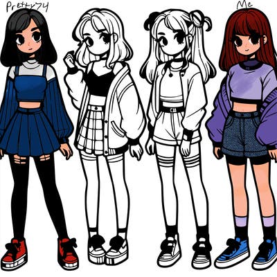 one girl with crop-top shirt and a jacket with a skirt, long socks and another girl with a shirt and pants with a jacket