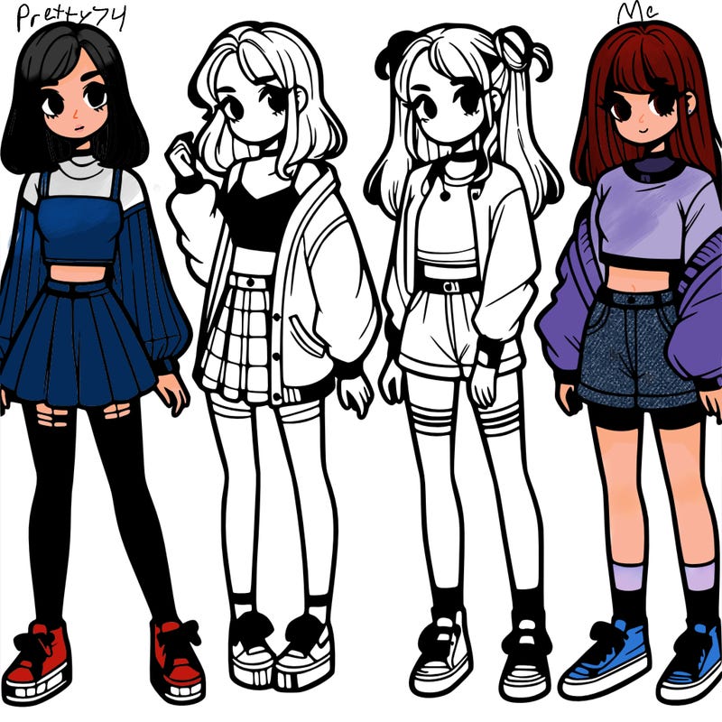 one girl with crop-top shirt and a jacket with a skirt, long socks and another girl with a shirt and pants with a jacket