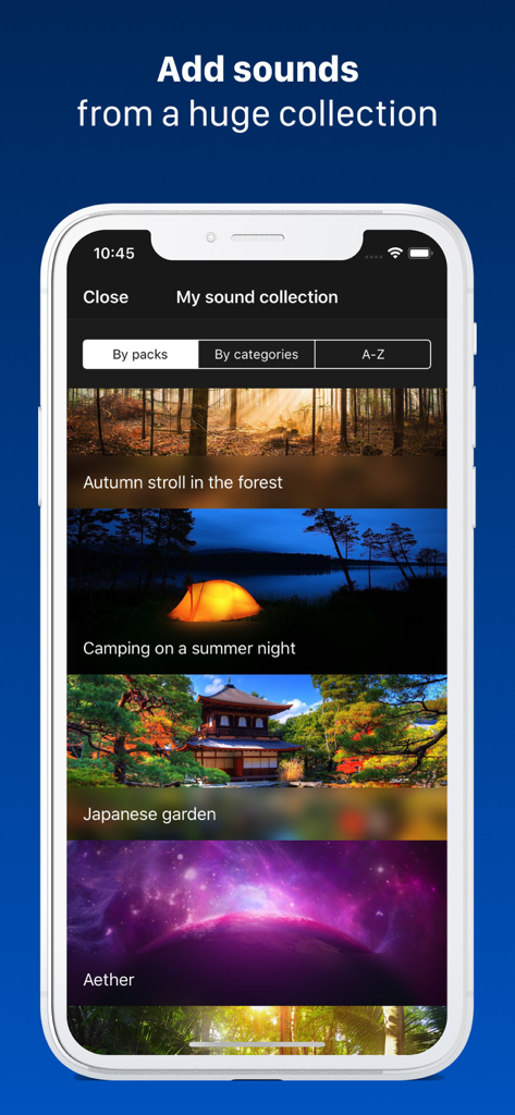 TaoMix 2: Sleep Sounds & Focus - Smartphone screen of TaoMix 2 app showing a library of ambient sound packs like Japanese garden and summer night camping.