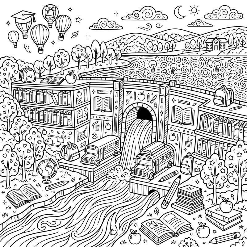 Get ready for an imaginative coloring journey with this unique Back to School River Dam scene, where knowledge flows as freely as the water. This intricate design blends academic elements with a majestic river landscape, offering a delightful challenge for colorists of all ages.